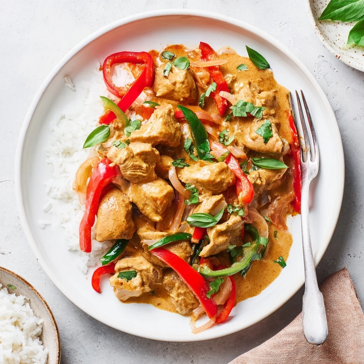 Creamy basil chicken in coconut curry sauce served over steaming jasmine rice with fresh herb garnish