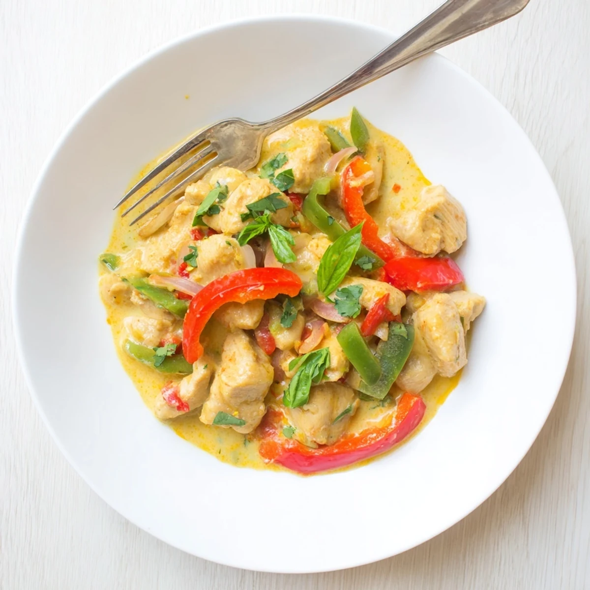 Tender chicken pieces simmered in rich coconut curry sauce with colorful bell peppers and fragrant basil
