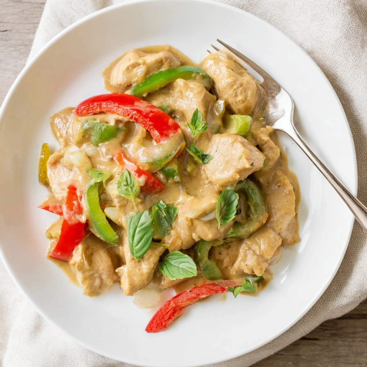 Golden brown chicken swimming in luscious coconut curry sauce topped with torn Thai basil leaves