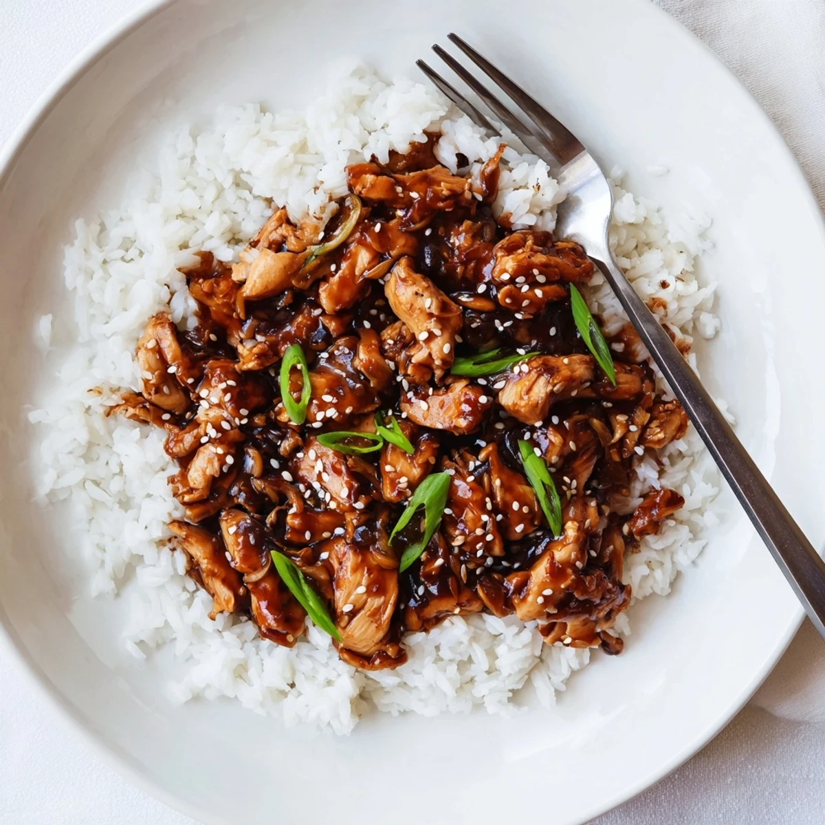 Golden shredded slow cooker Mongolian chicken glazed in thick savory-sweet sauce with sesame seeds and green onion slices over steamed white rice in a shallow serving bowl
