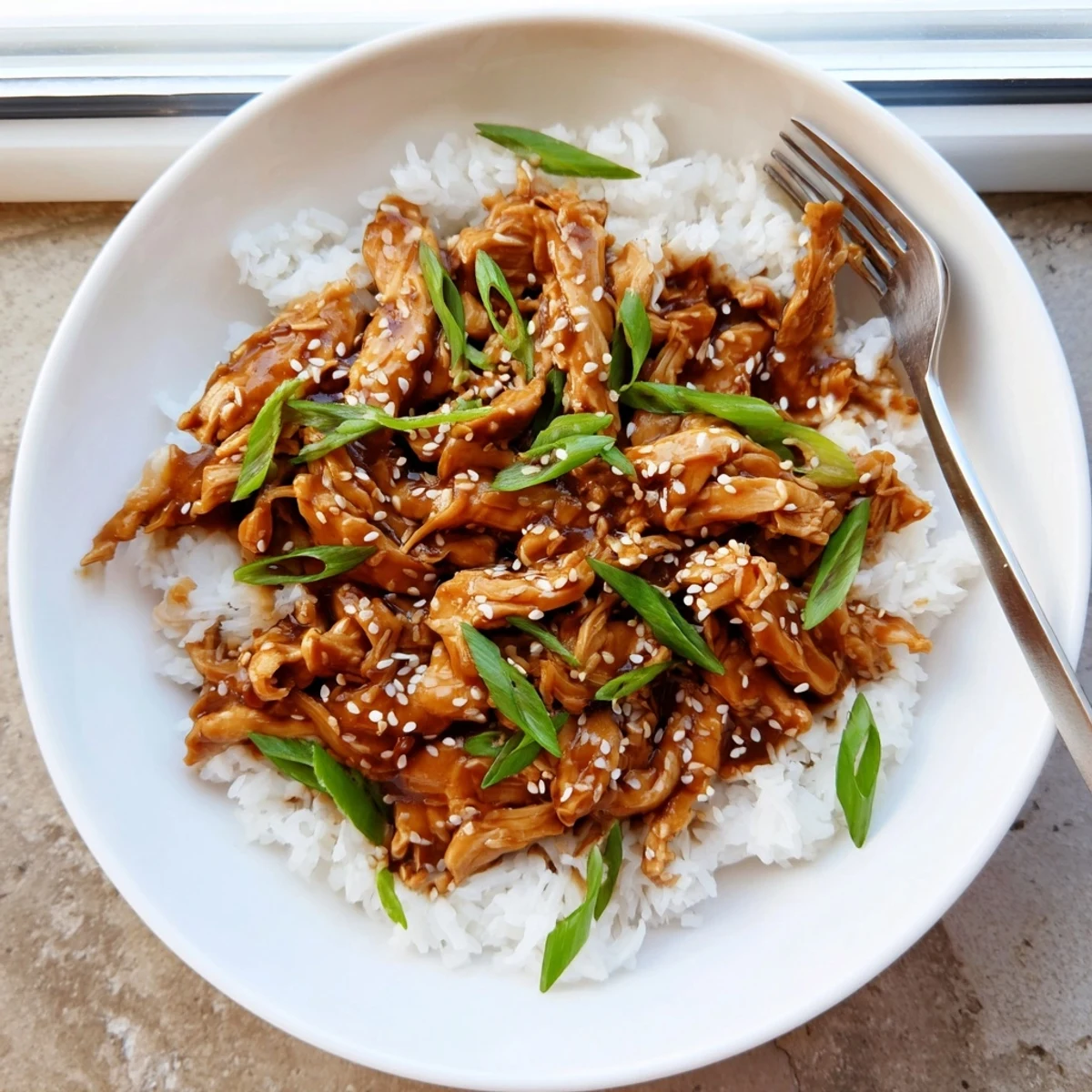 Easy slow cooker Mongolian chicken served atop fluffy jasmine rice with caramelized sauce coating, topped with vibrant green onions and nutty sesame seed sprinkles