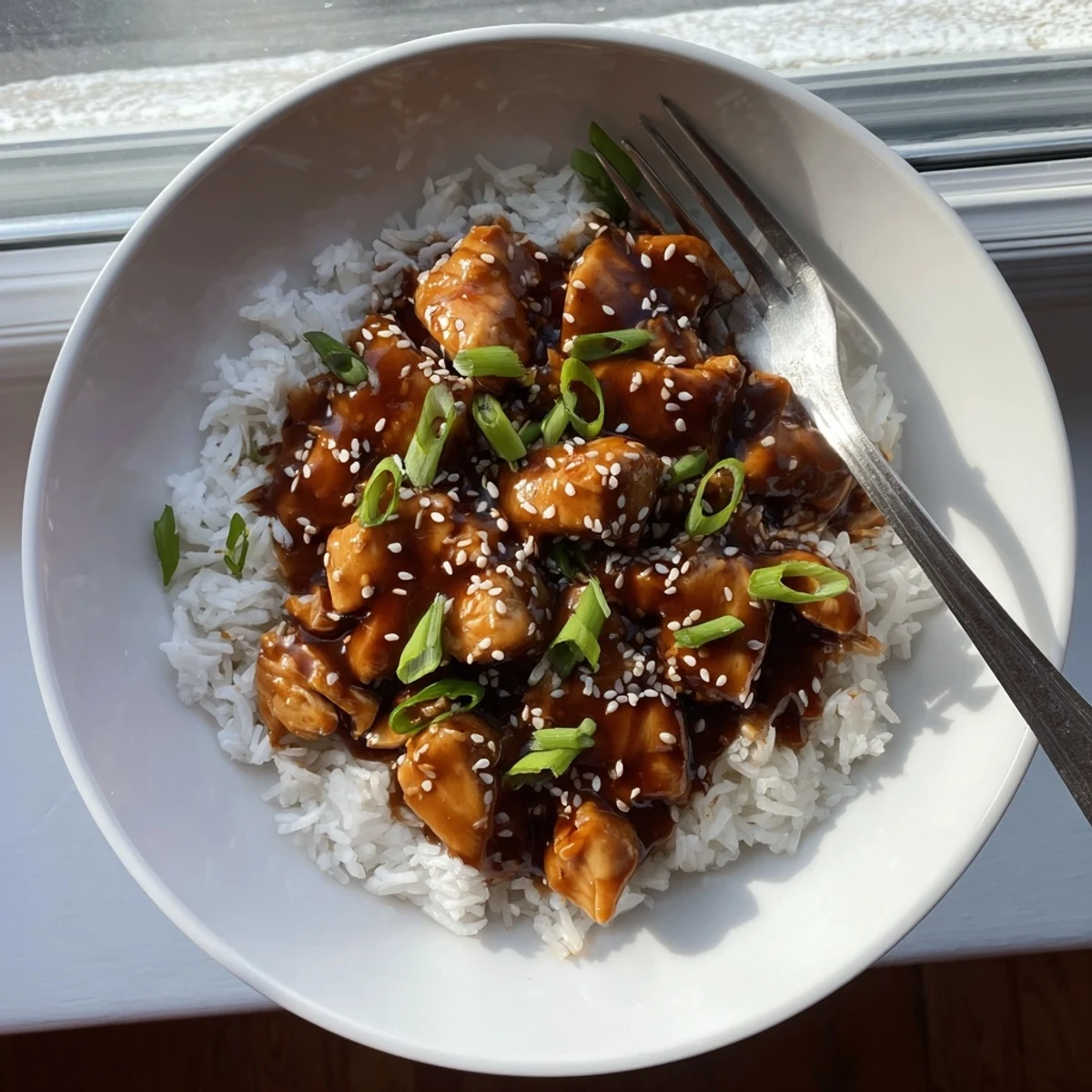 Tender chicken pieces coated in rich hoisin-garlic Mongolian sauce slow-cooked to perfection and garnished with fresh scallions and toasted sesame seeds