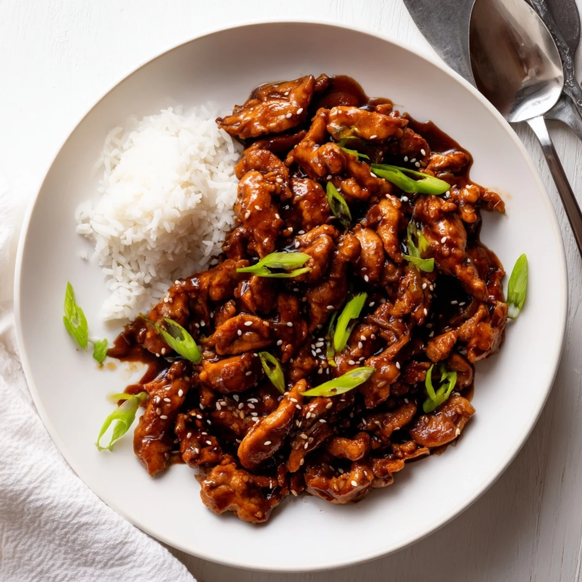 Golden brown Slow Cooker Mongolian Chicken pieces coated in thick glossy dark sauce with sesame seed garnish