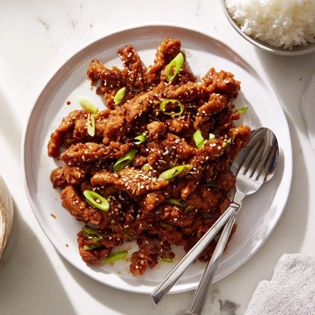 Tender shredded Slow Cooker Mongolian Chicken served over fluffy white rice with fresh green onion slices
