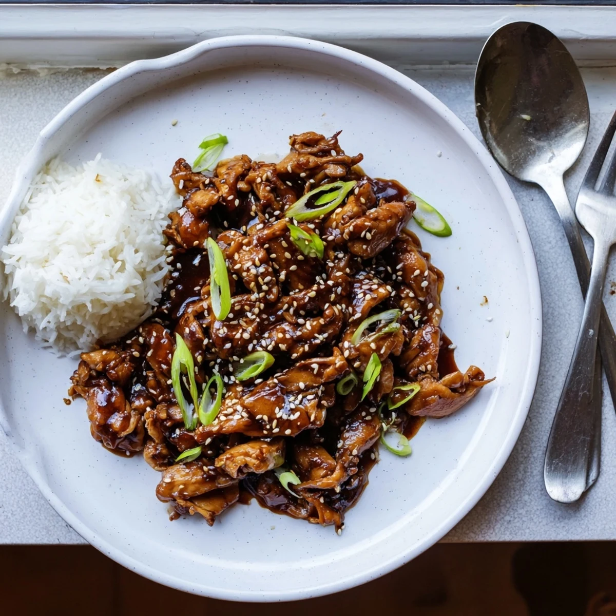 Rich savory Slow Cooker Mongolian Chicken thighs glistening with hoisin garlic sauce and red pepper flakes
