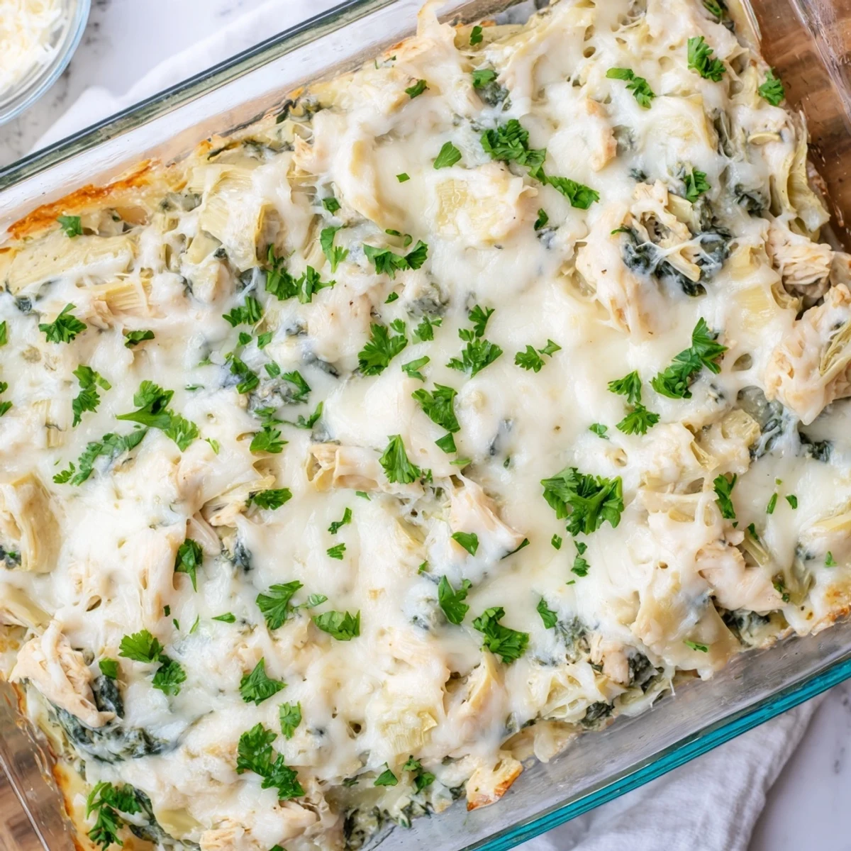 Golden brown high protein spinach and artichoke chicken casserole with melted mozzarella topping