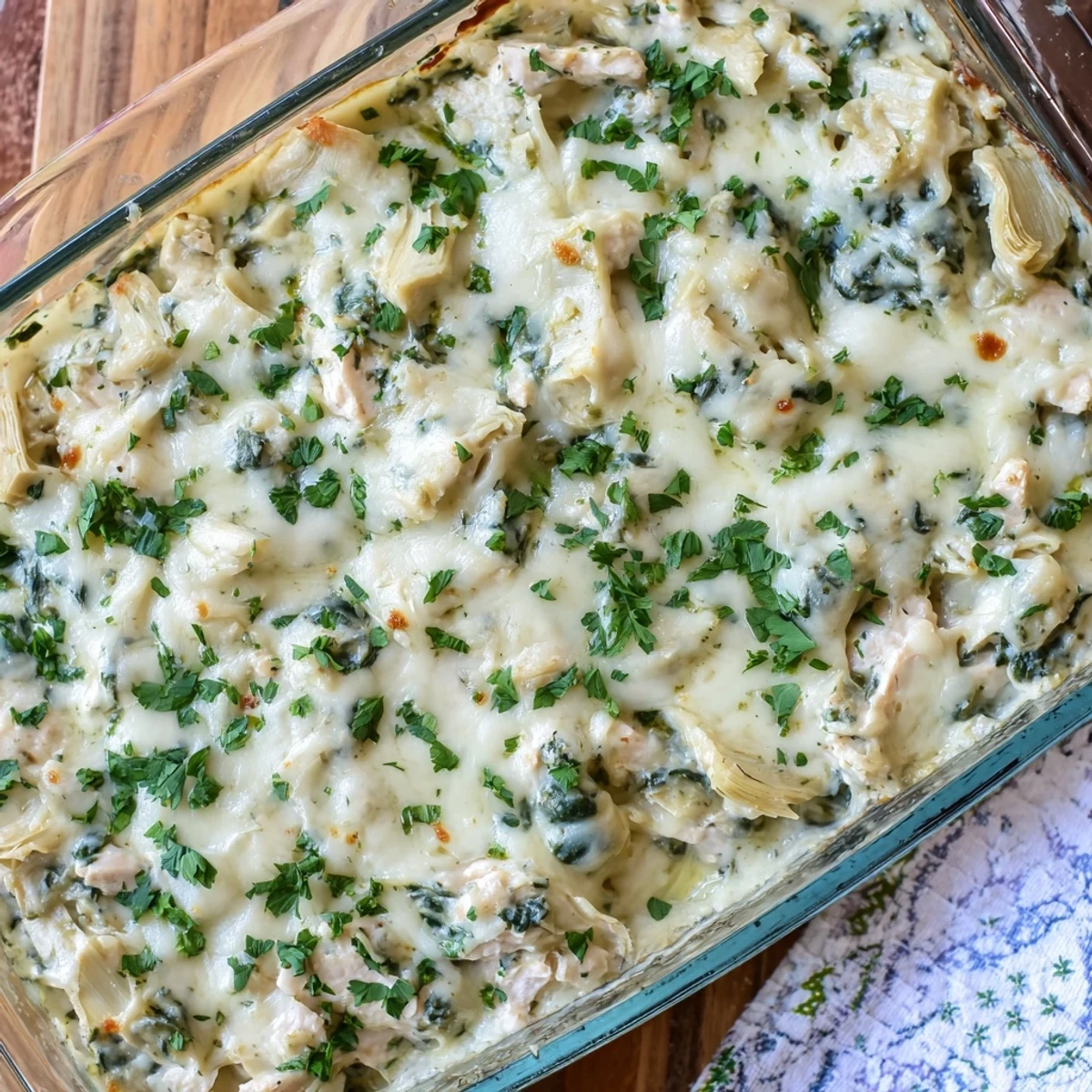 Creamy baked casserole dish featuring shredded chicken, spinach, artichokes, and bubbling cheese