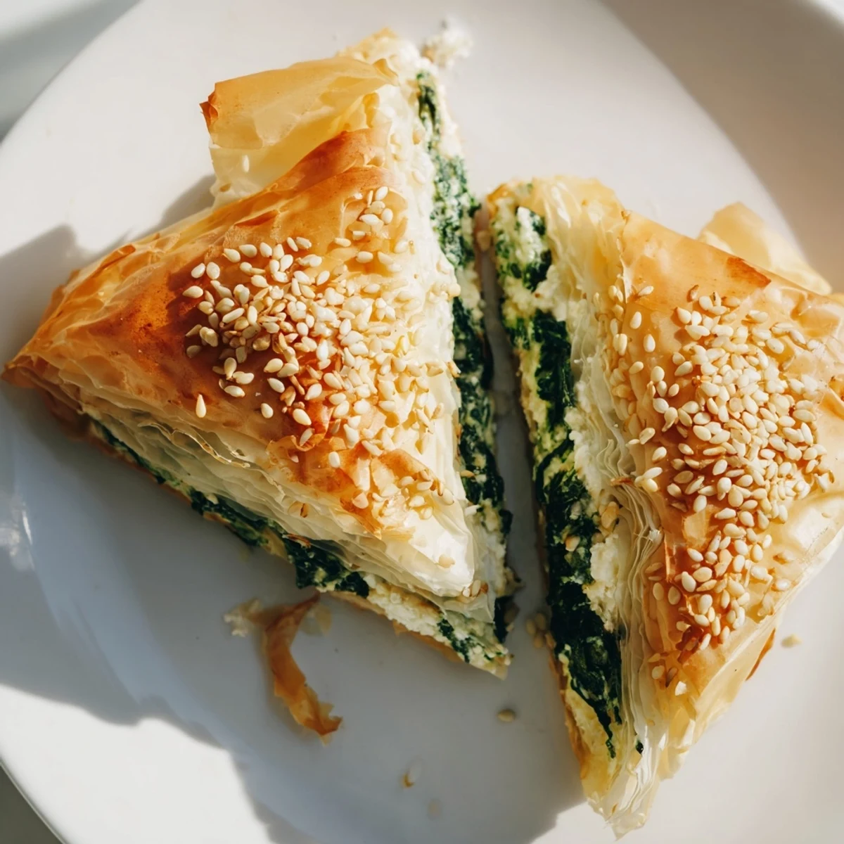 Golden Mediterranean spinach and feta crisps with flaky phyllo pastry and melted butter