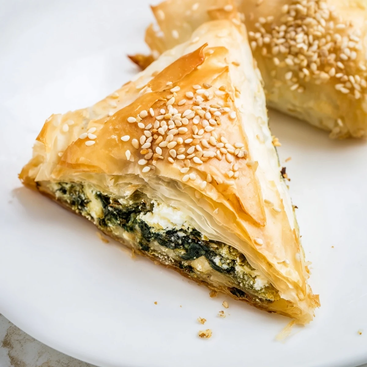 Crispy baked triangles stuffed with savory spinach feta filling and fresh Mediterranean herbs