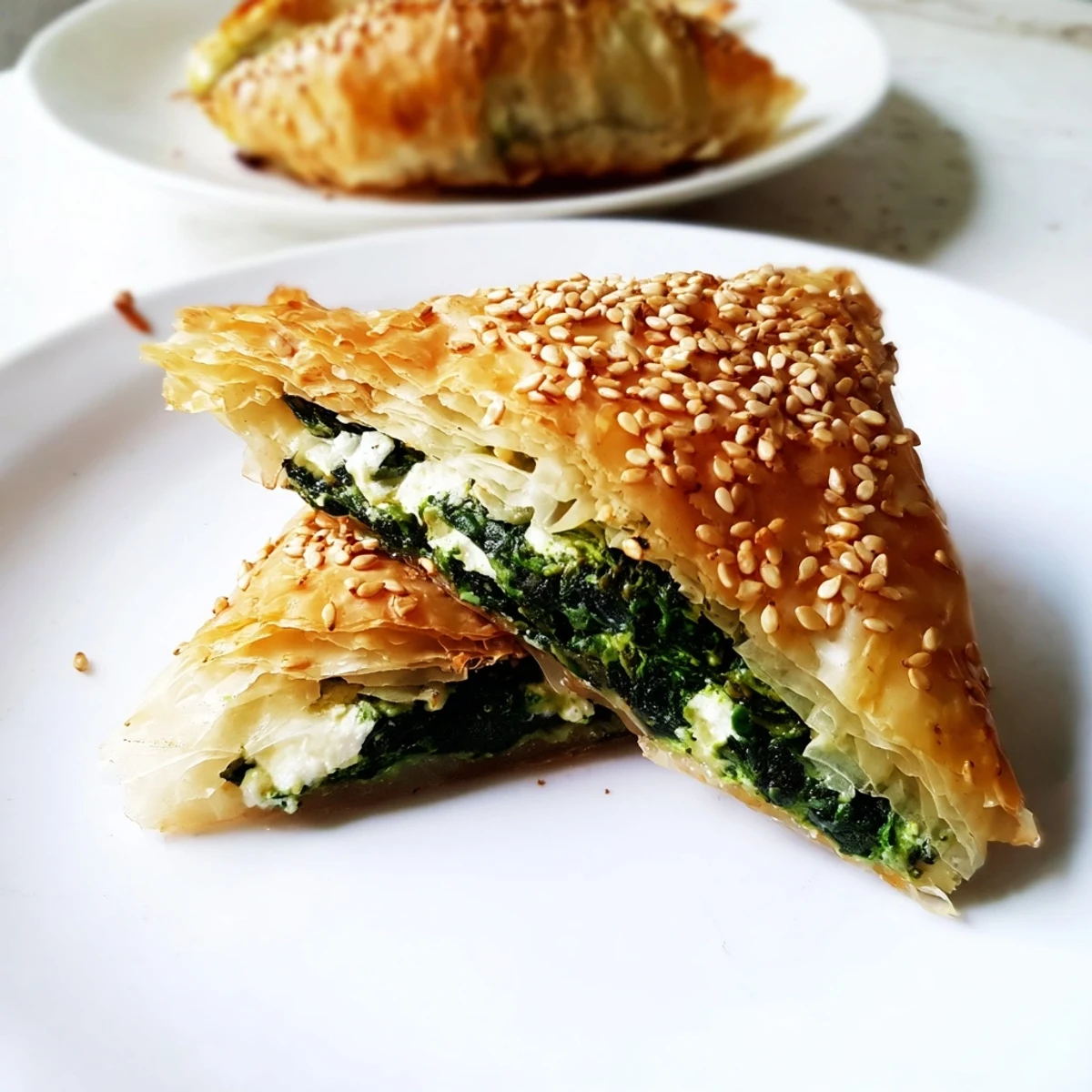 Vegetarian appetizer featuring golden phyllo parcels filled with creamy spinach and tangy feta cheese