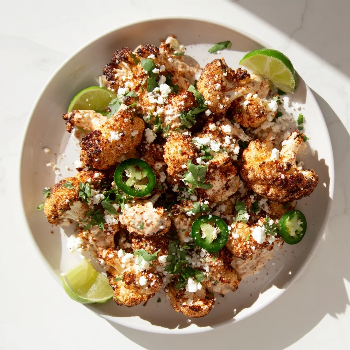 Roasted cauliflower elote coated in creamy lime sauce with crumbled cotija cheese and fresh cilantro garnish
