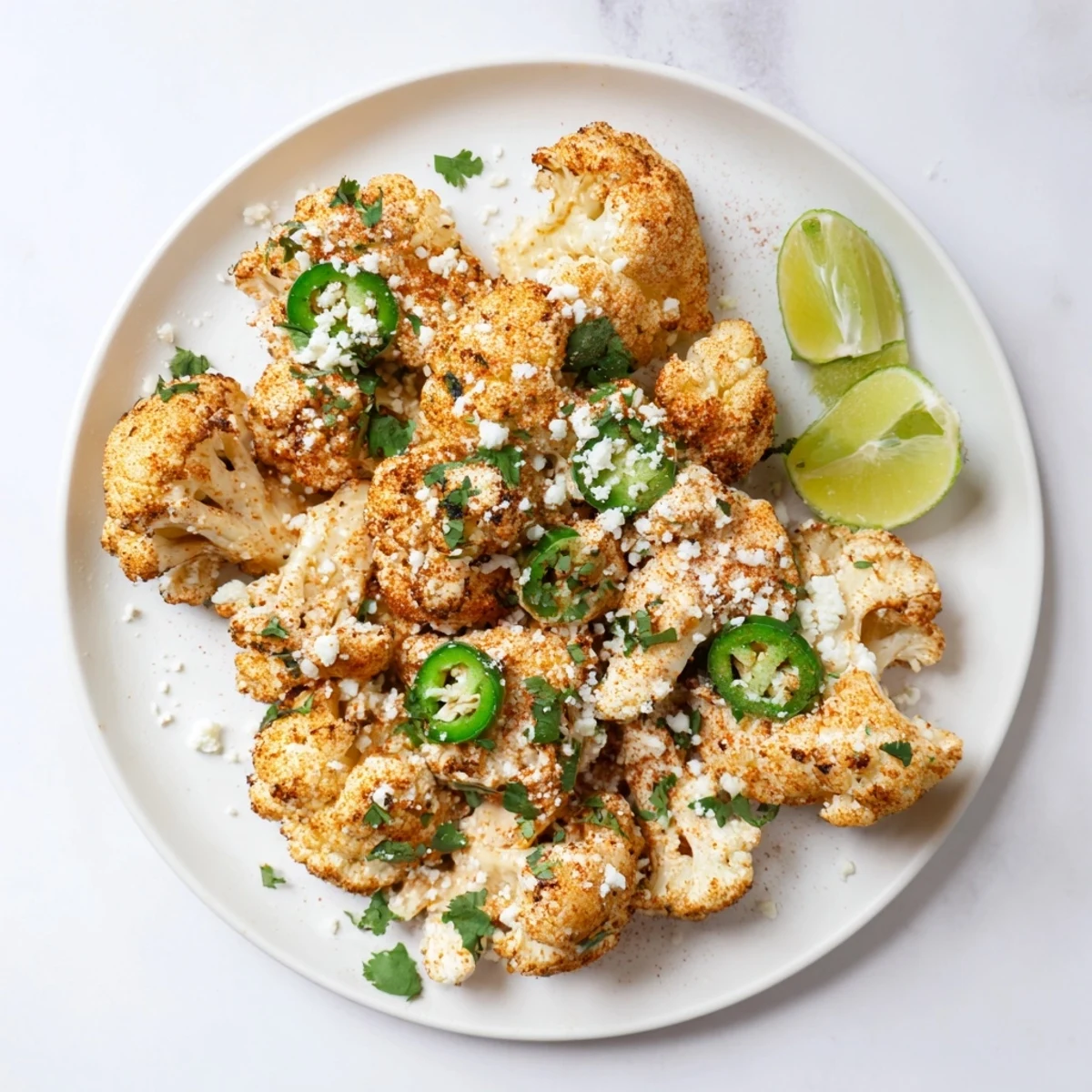 Golden roasted cauliflower florets tossed in tangy Mexican street corn sauce topped with chili powder