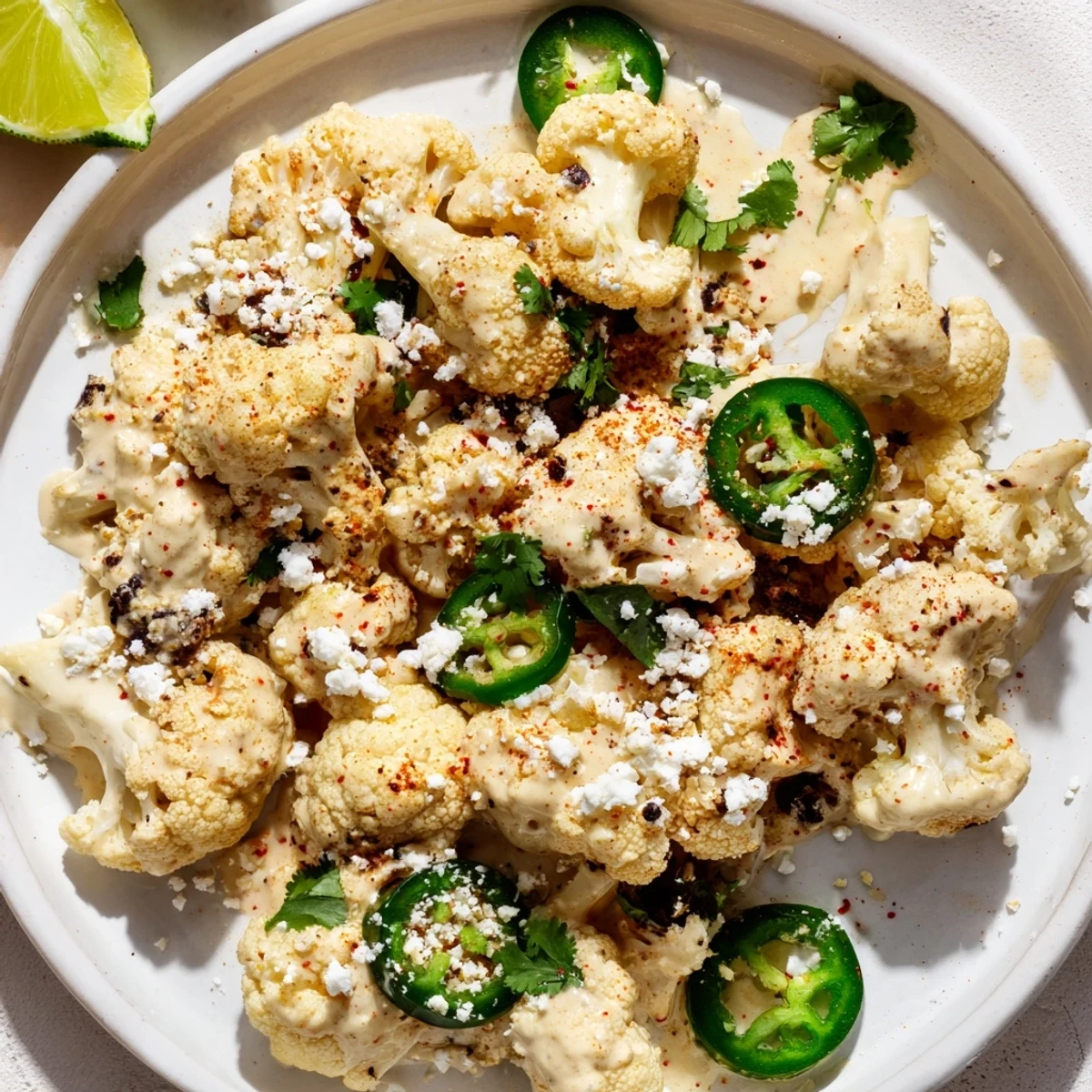 Cauliflower elote side dish featuring crispy roasted florets drizzled with spicy mayo and cheese topping