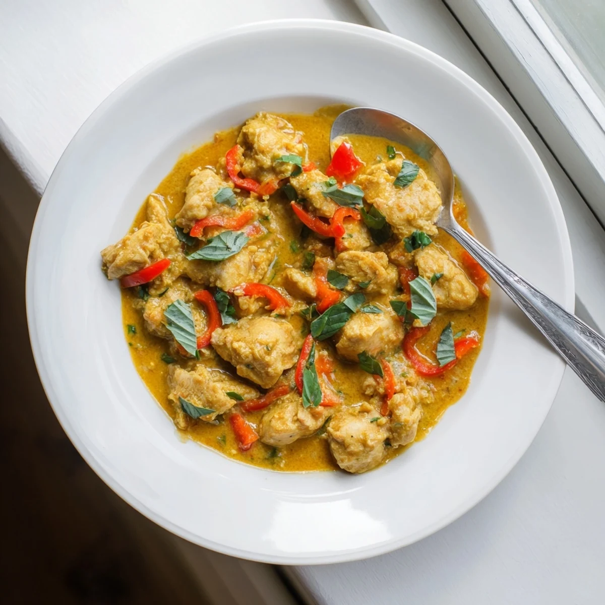 Golden chicken pieces swimming in creamy coconut curry sauce topped with fresh green basil