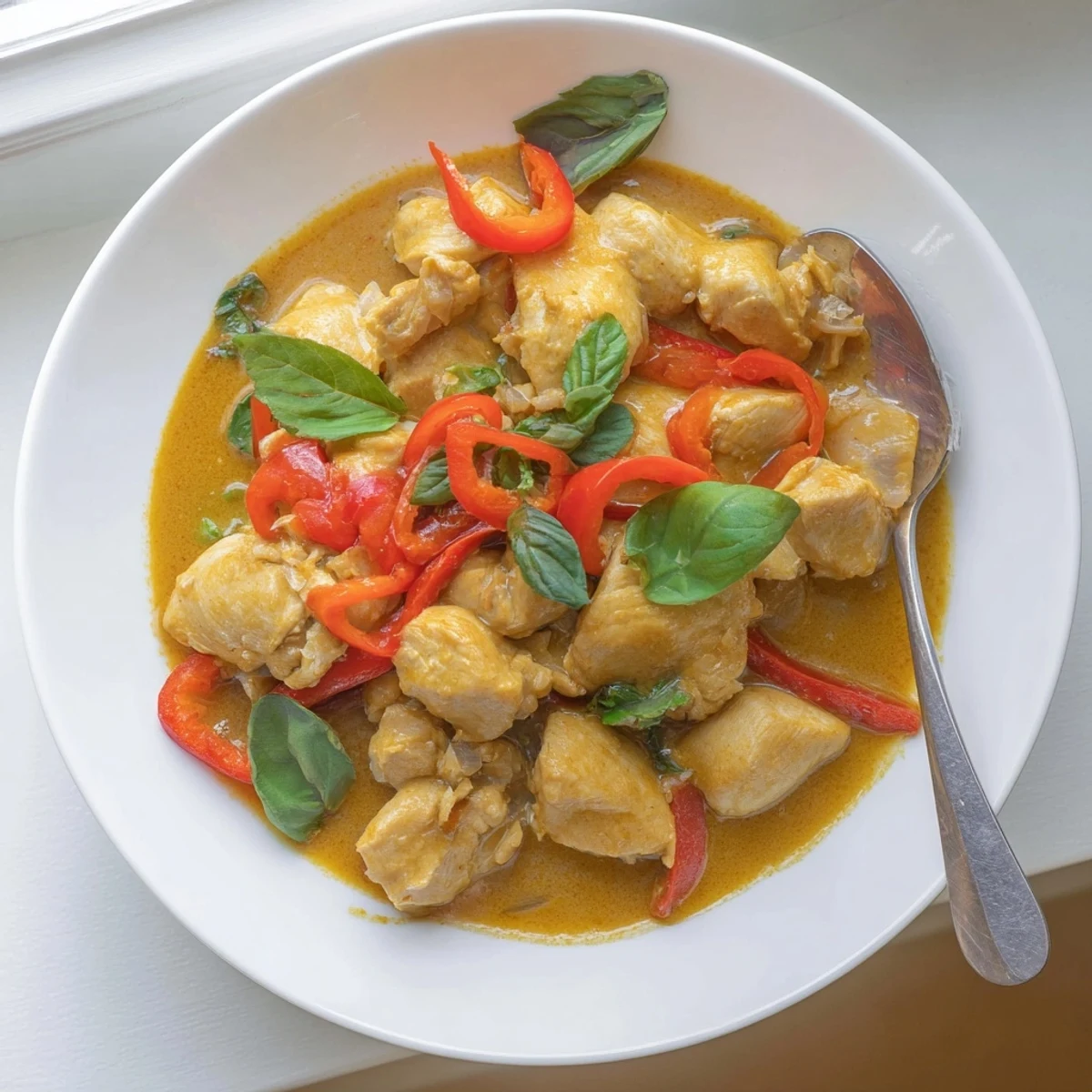 Tender Thai-style basil chicken simmered in rich red coconut curry over steaming white rice