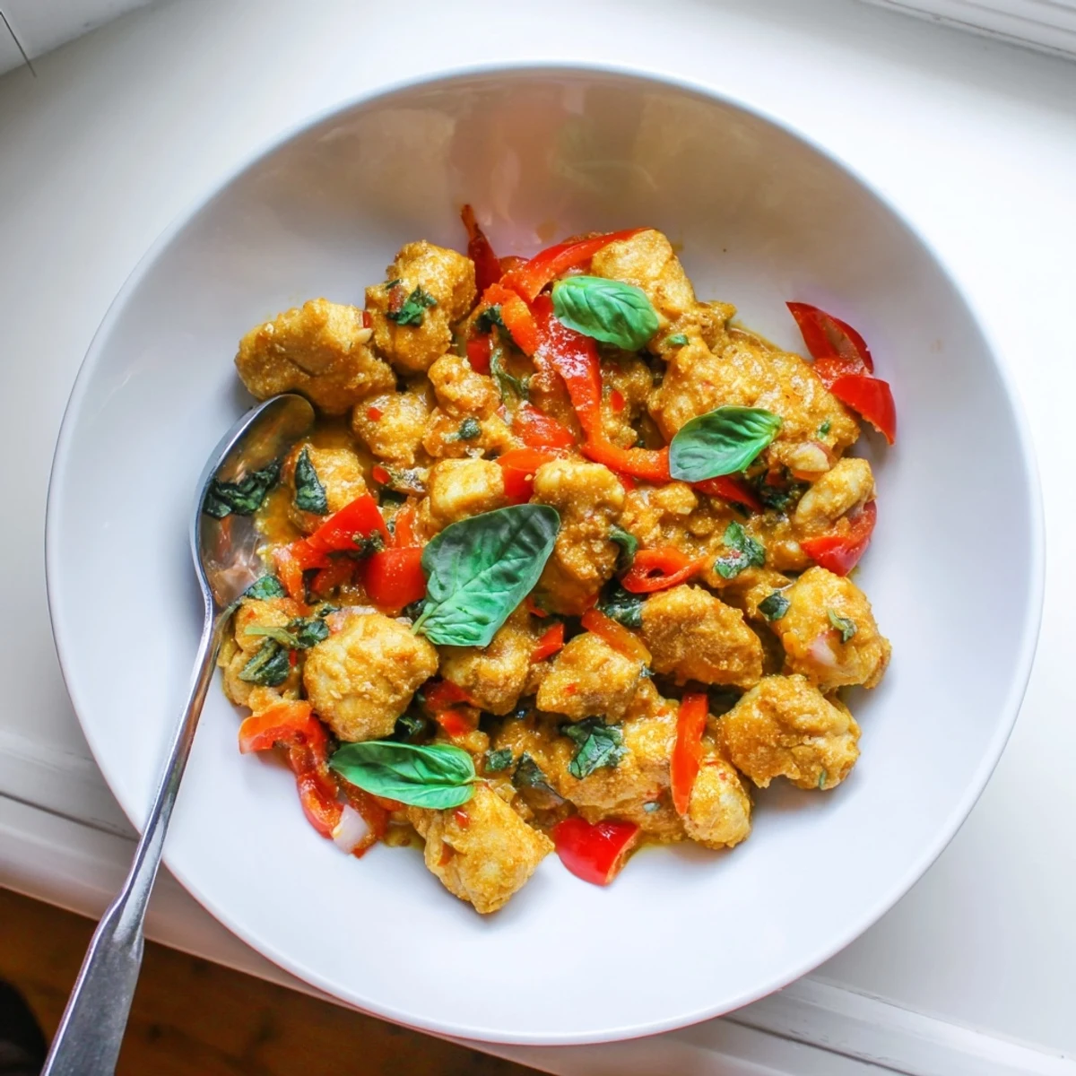 Velvety coconut curry chicken with vibrant basil garnish served in a shallow white bowl