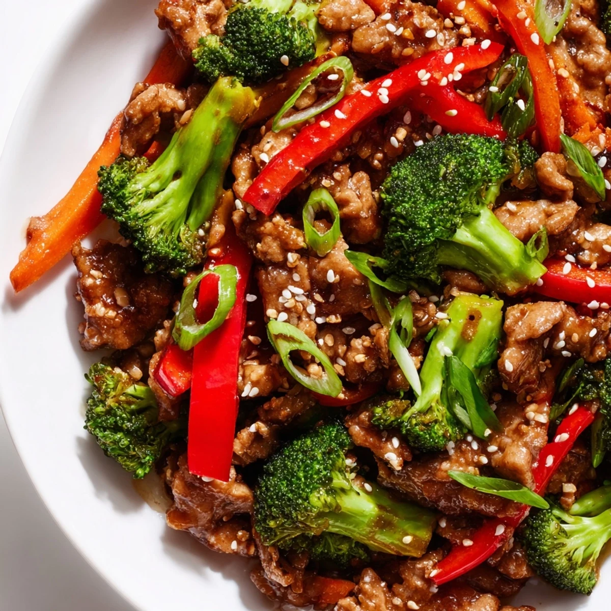 Quick ground turkey stir fry with fresh broccoli red bell pepper and savory sesame soy sauce ready to serve