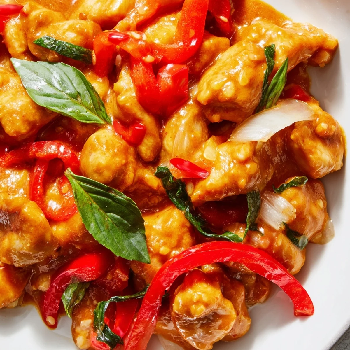 Creamy basil chicken with coconut curry sauce served over fluffy jasmine rice with fresh basil garnish