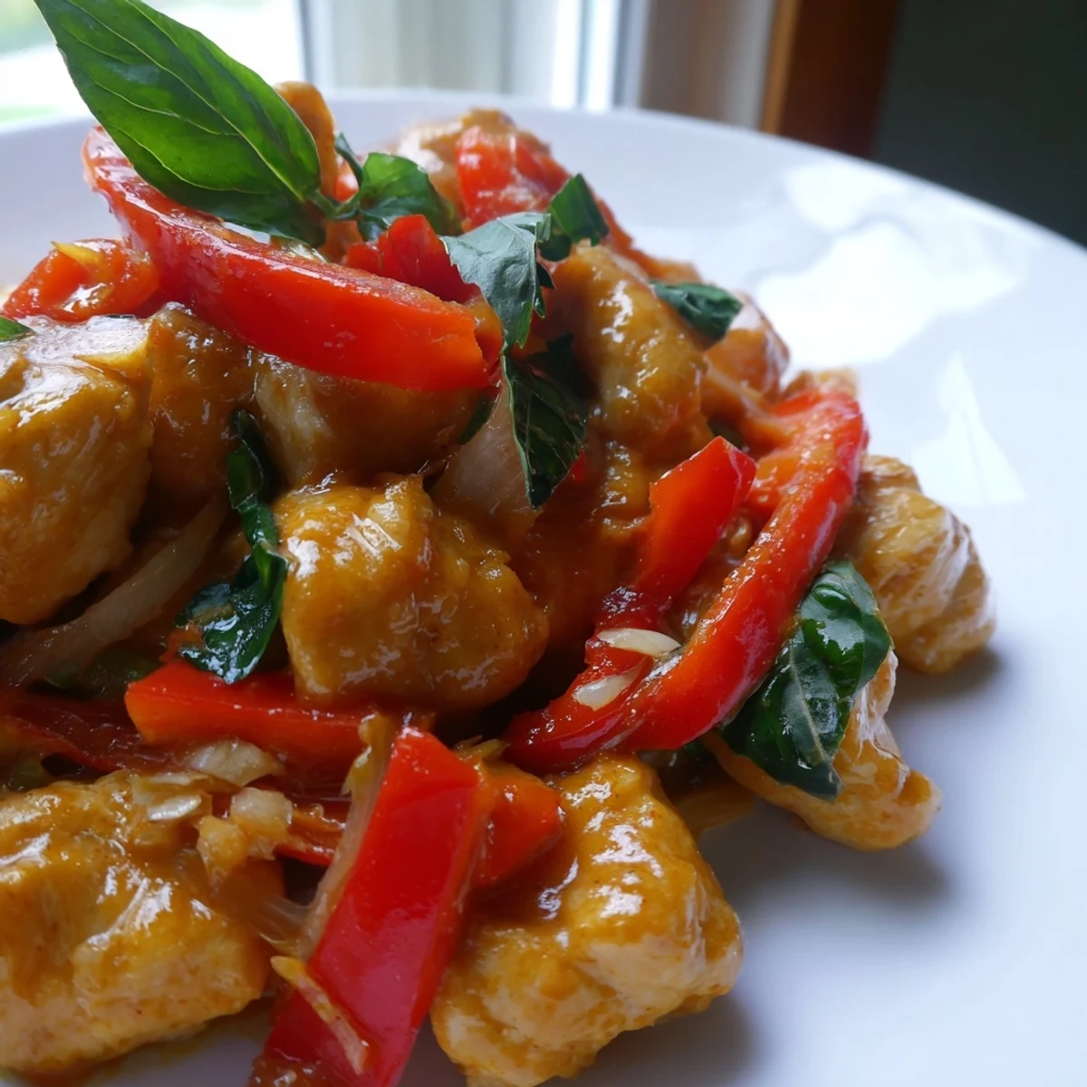 Tender chicken pieces simmered in rich coconut curry sauce with red bell peppers and torn basil