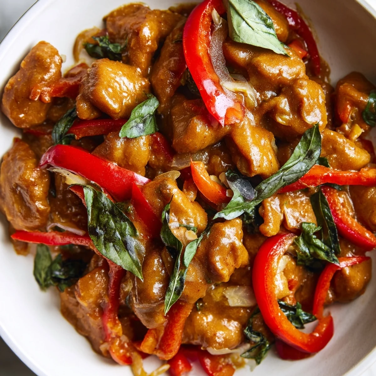 Golden chicken breast in fragrant Thai-style coconut curry topped with fresh basil leaves and lime wedges