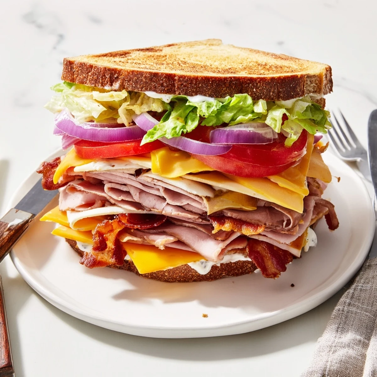 Ultimate turkey beef bacon ranch sandwich cut in half revealing roast beef, turkey, Swiss, cheddar, and fresh vegetables between golden bread