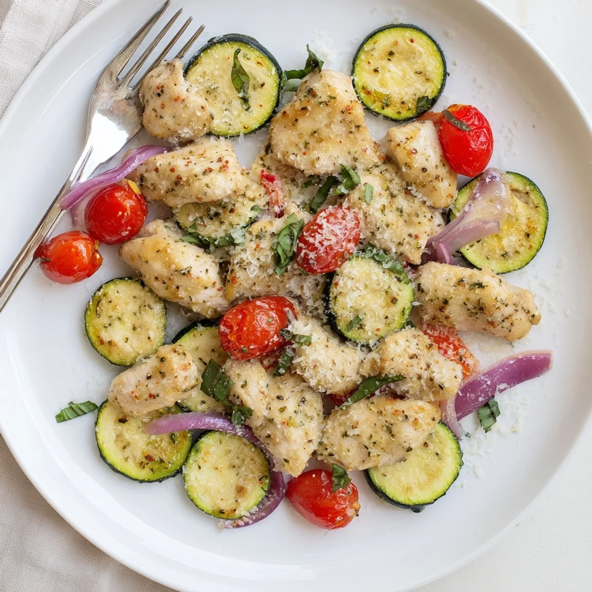 Juicy chicken breasts roasted alongside tender zucchini slices and sweet cherry tomatoes seasoned with Italian herbs