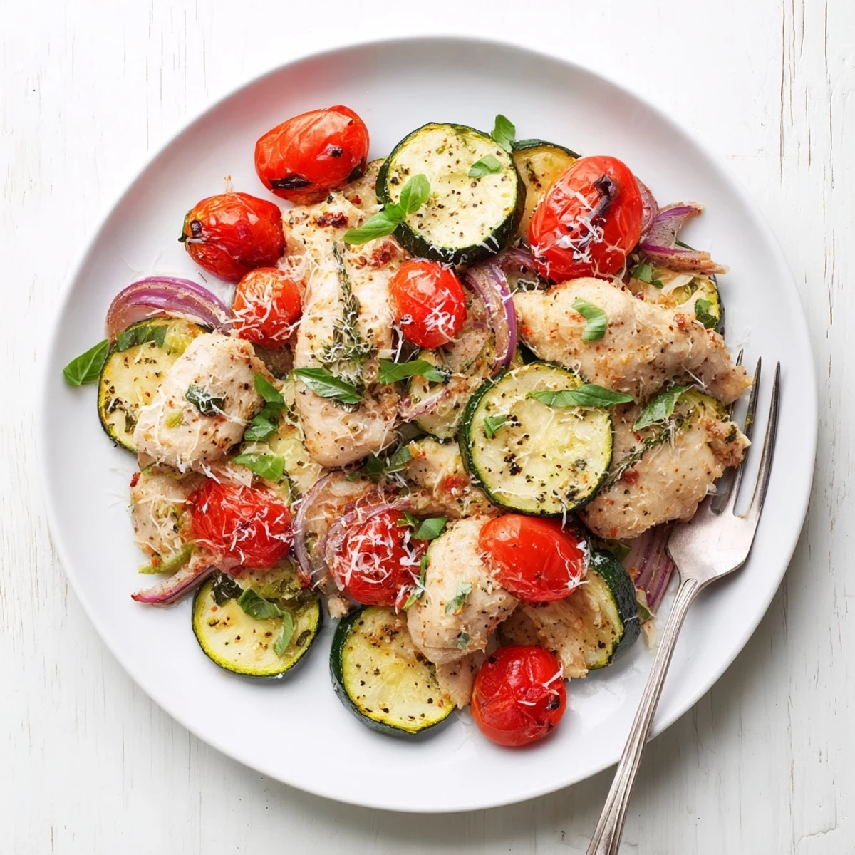One-pan Italian chicken dinner featuring colorful roasted vegetables and a sprinkling of grated Parmesan cheese