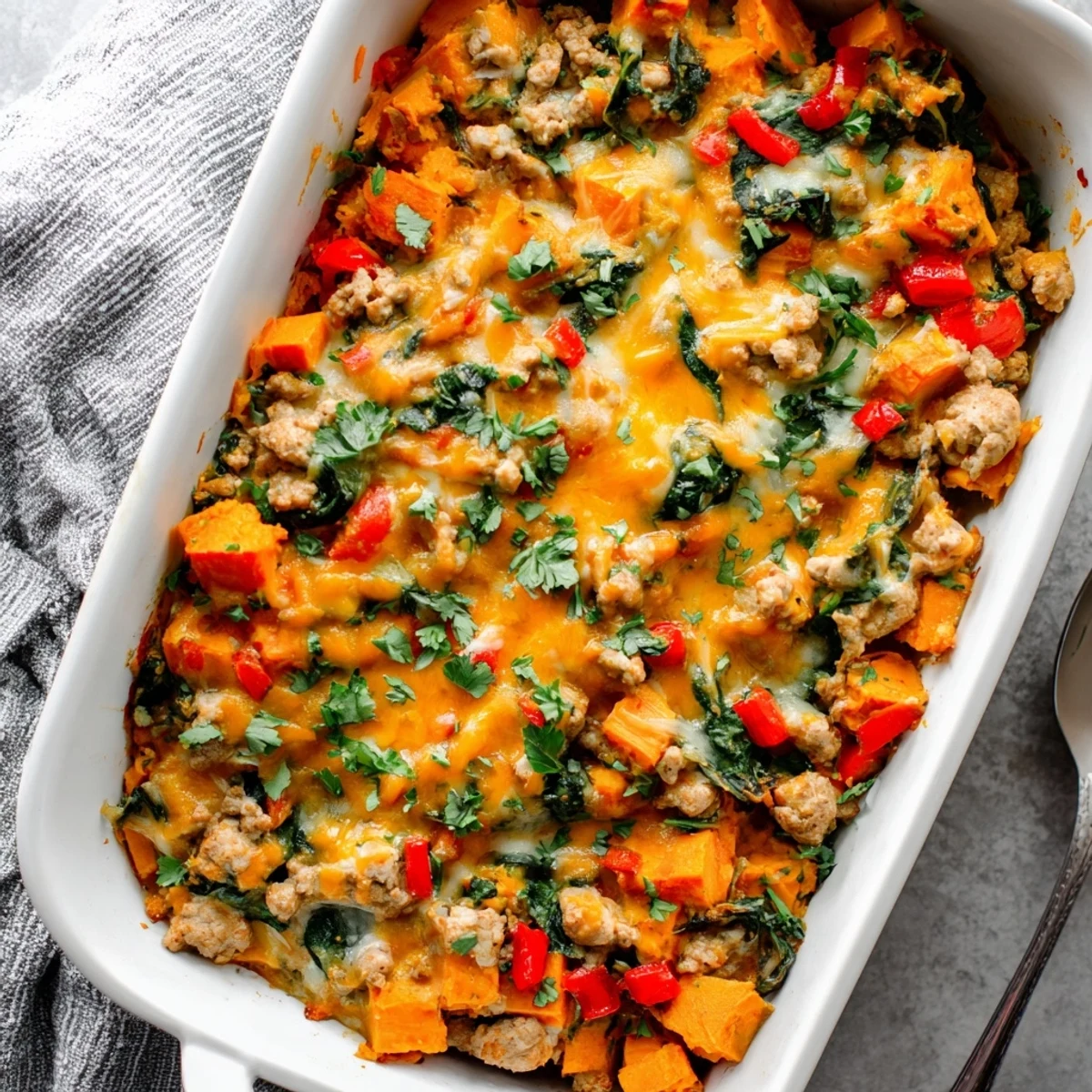 Hearty casserole with seasoned turkey, cubed sweet potatoes, and melted cheddar cheese topping