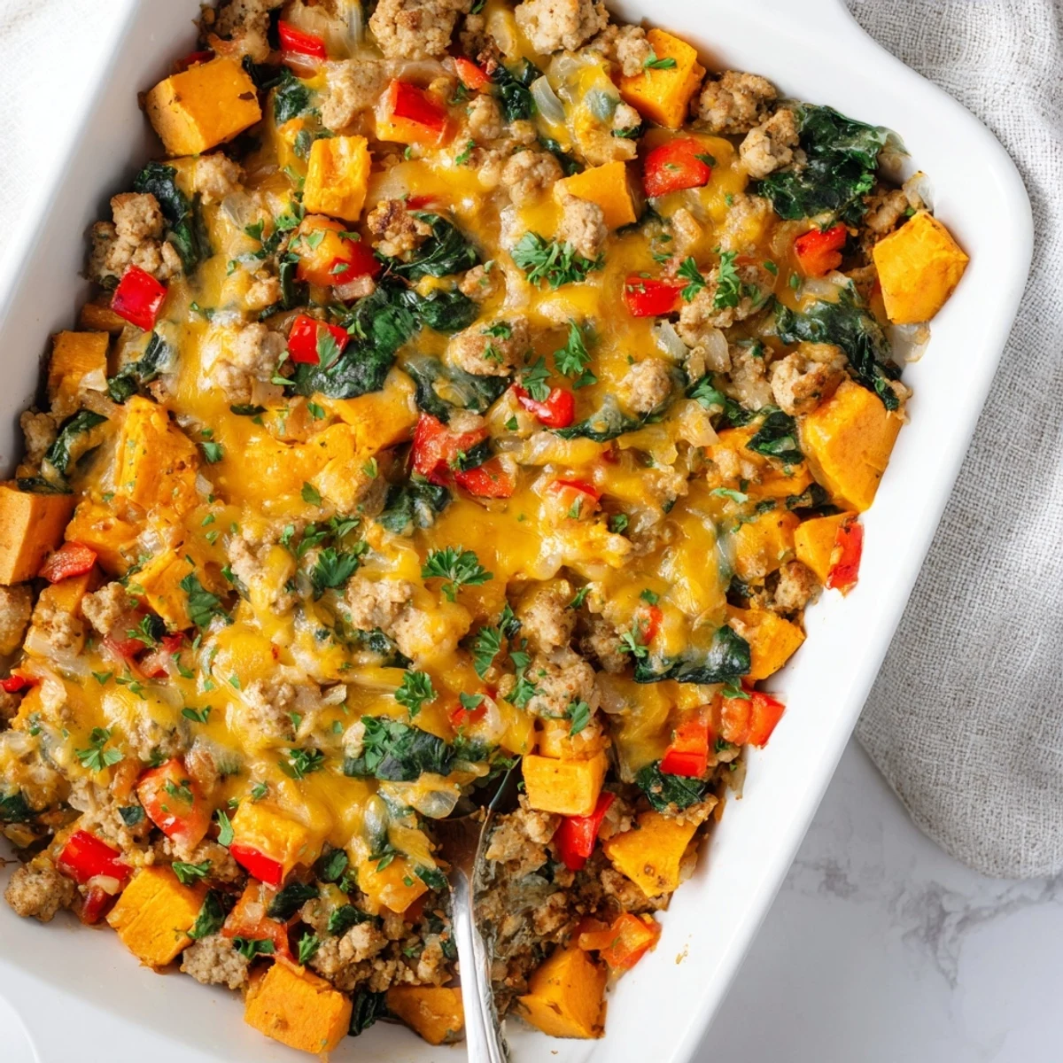 Golden cheesy savory ground turkey sweet potato bake with tender vegetables in a baking dish