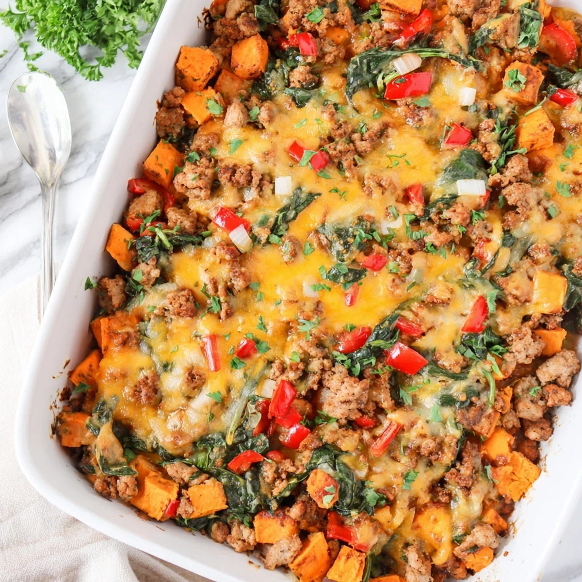 Weeknight dinner featuring ground turkey sweet potato bake with bubbling cheese and colorful vegetables