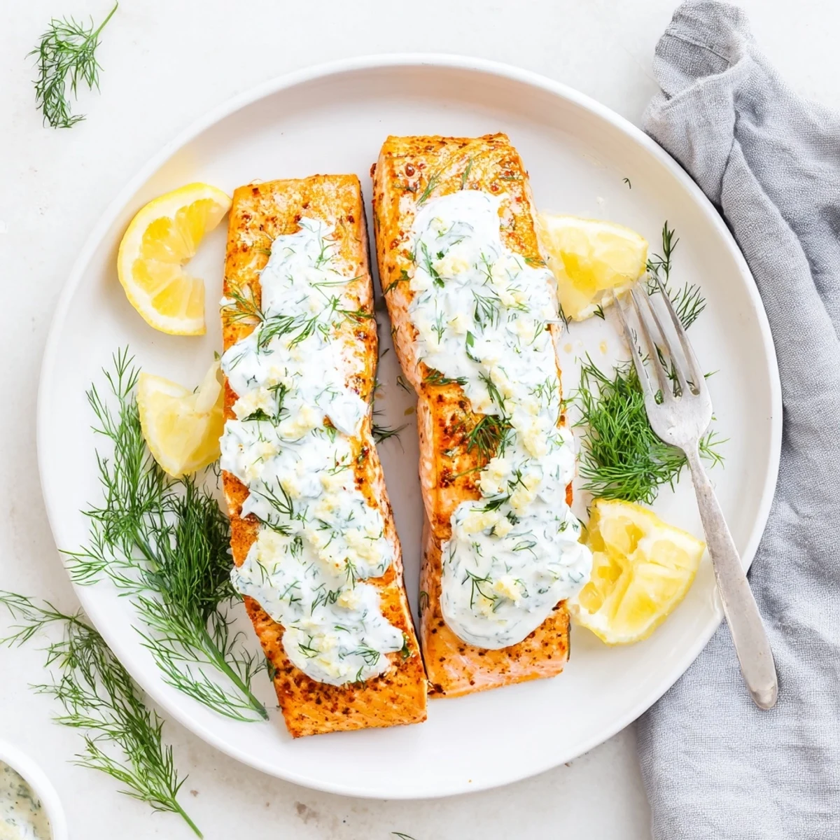 Golden oven-roasted Mediterranean salmon fillets topped with creamy lemon dill yogurt sauce and fresh herb garnish