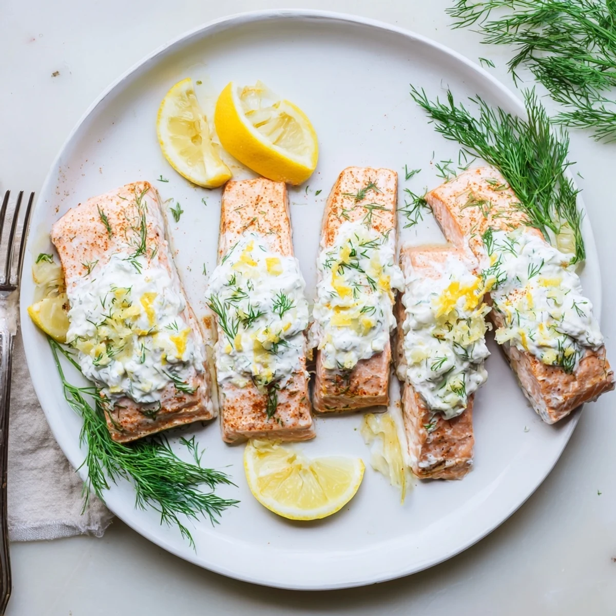 Perfectly cooked salmon with zesty lemon dill yogurt sauce drizzled over the flaky fish for a healthy dinner