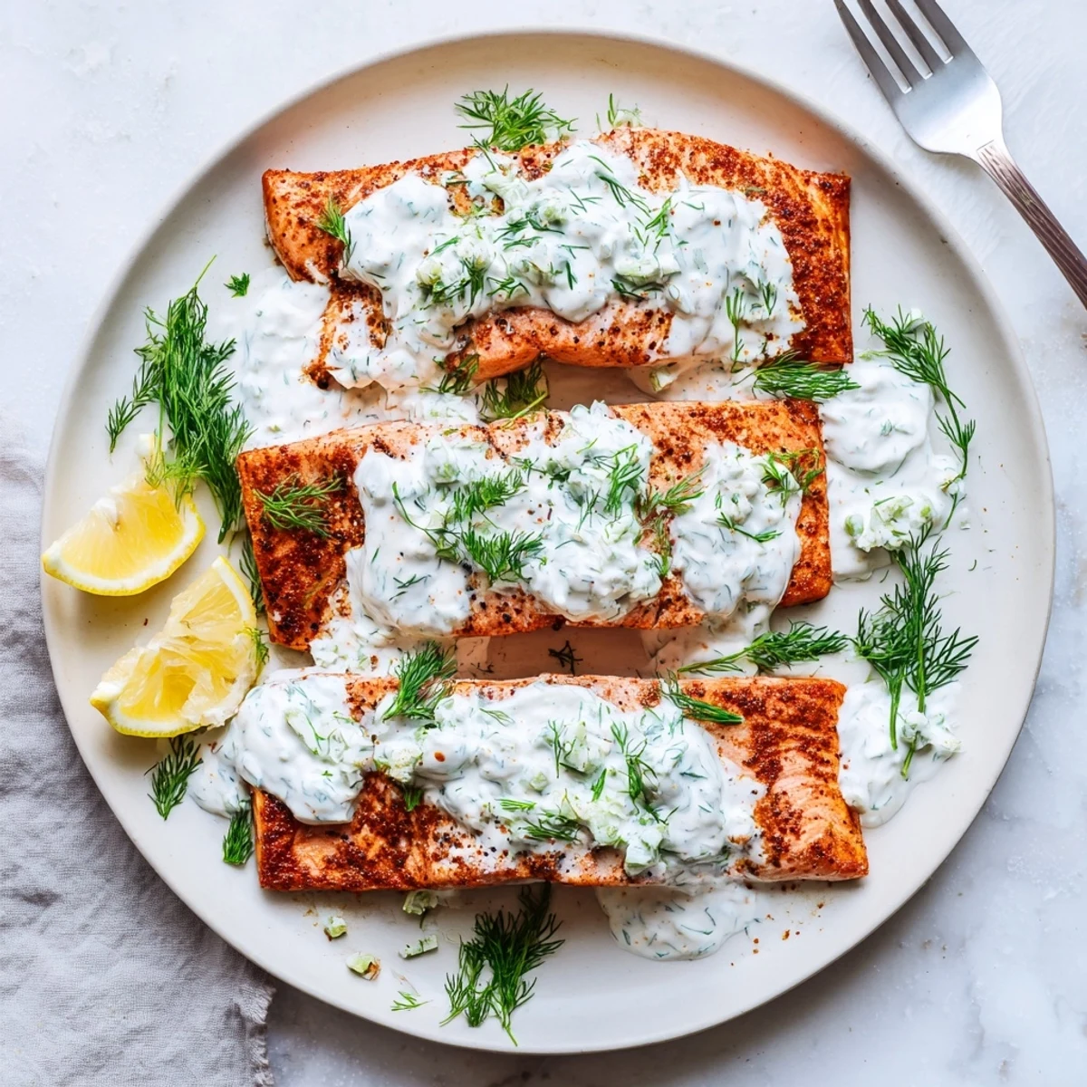 Mediterranean-style salmon plated with bright white yogurt sauce, fresh dill sprigs, and lemon wedge on the side