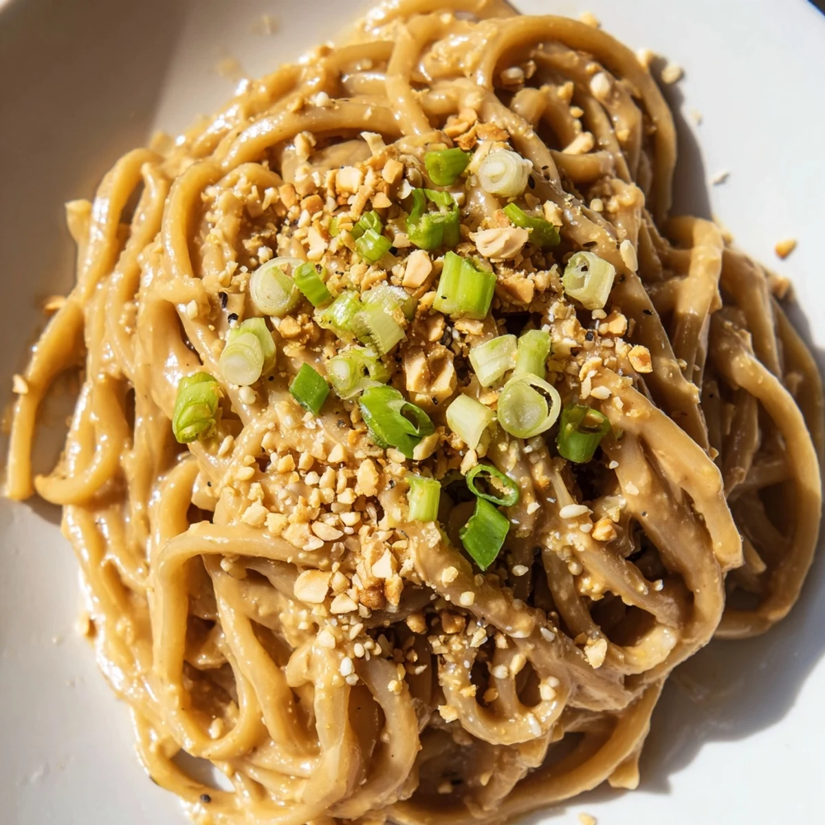 Glossy sticky peanut butter noodles coated in rich creamy sauce topped with crushed roasted peanuts and fresh green onions.