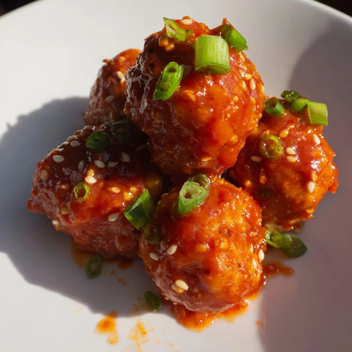 Golden brown firecracker chicken meatballs glazed in spicy red sauce and sprinkled with sesame seeds