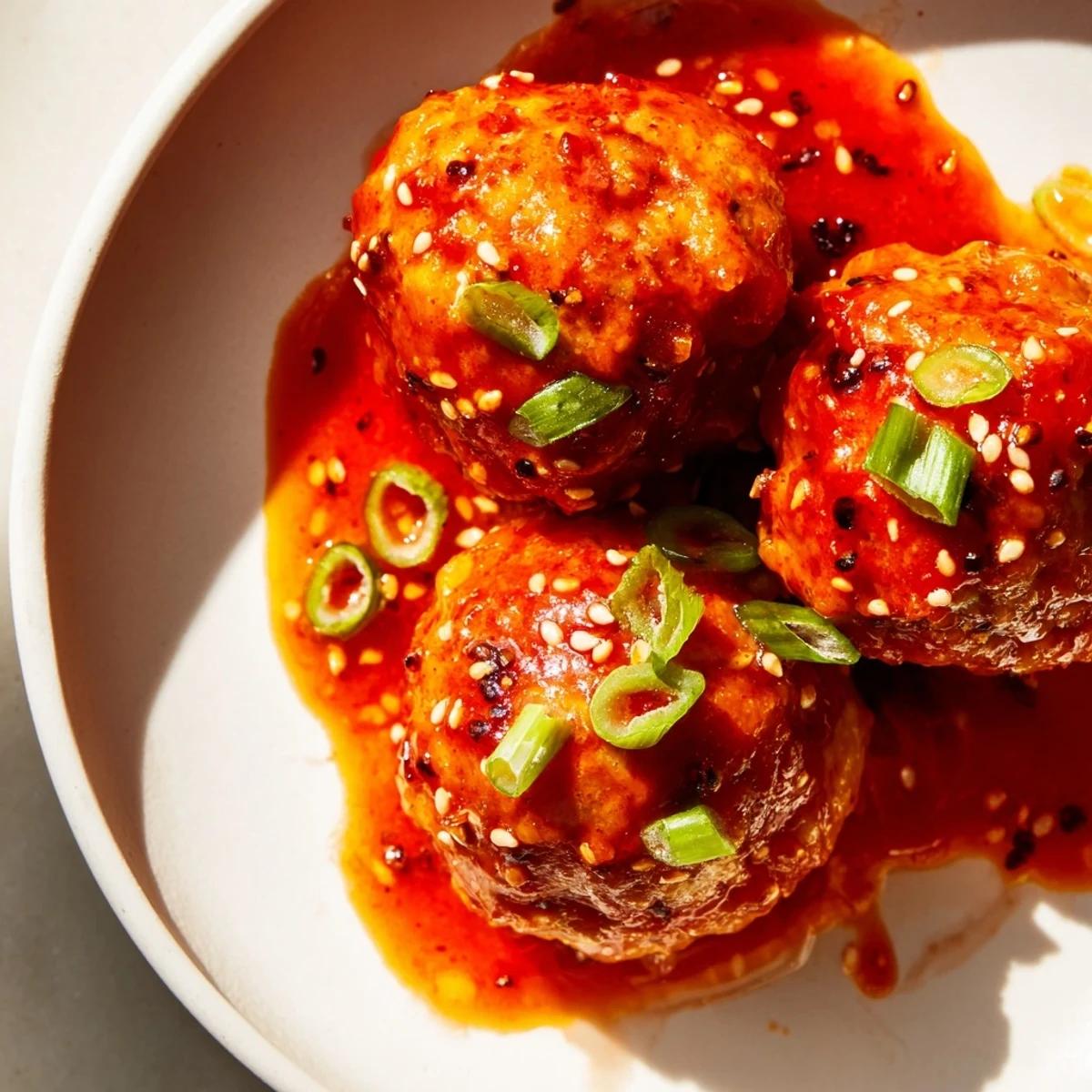 Saucy firecracker chicken meatballs served on a white plate garnished with sliced scallions and sesame seeds