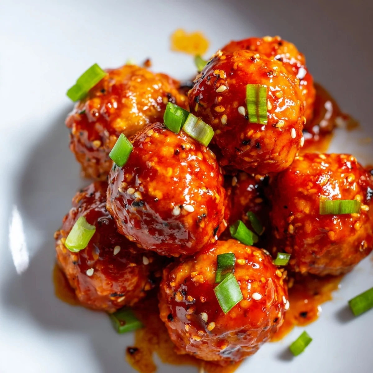 Juicy baked chicken meatballs coated in sweet tangy firecracker sauce topped with fresh green onions