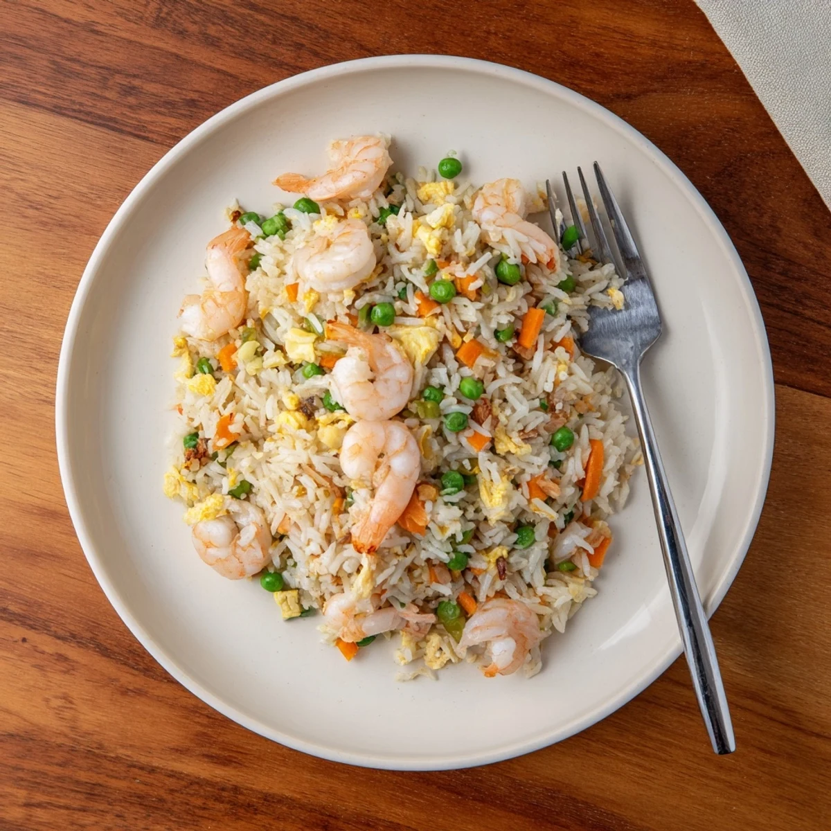 Authentic shrimp fried rice plated in a white bowl garnished with fresh green onion slices