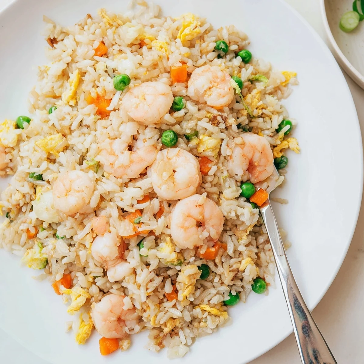 Close-up of shrimp fried rice showing tender pink shrimp mixed with jasmine rice and vegetables