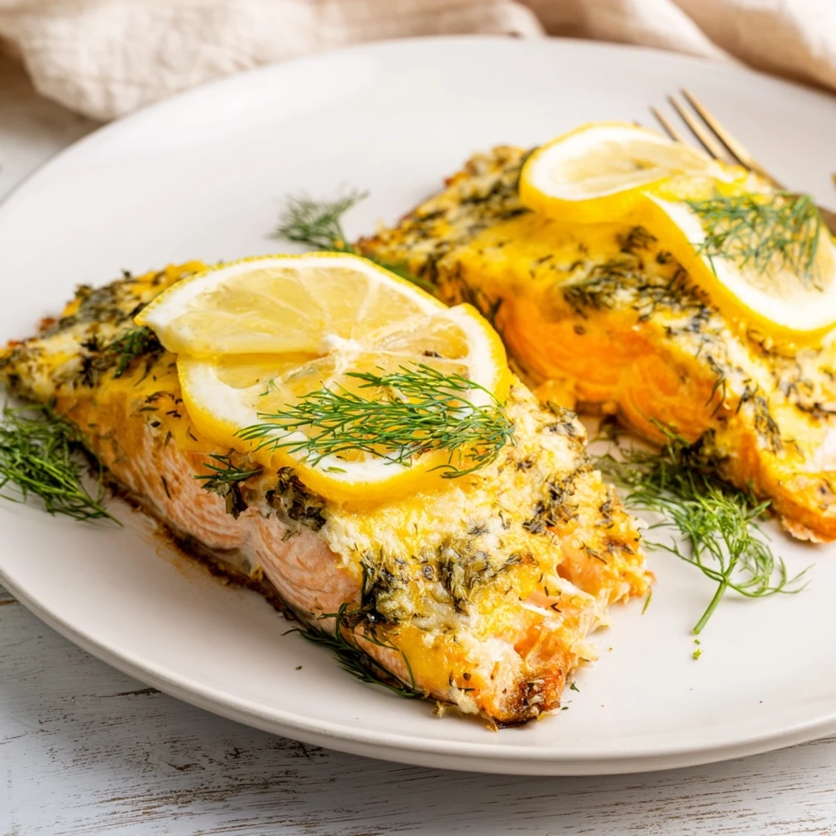 Golden baked Boursin salmon fillets topped with creamy herb cheese and fresh lemon slices