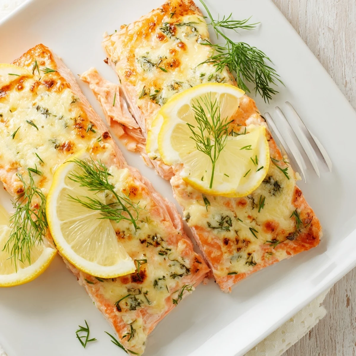 Crispy-skinned baked Boursin salmon served on a white plate with zesty lemon rounds