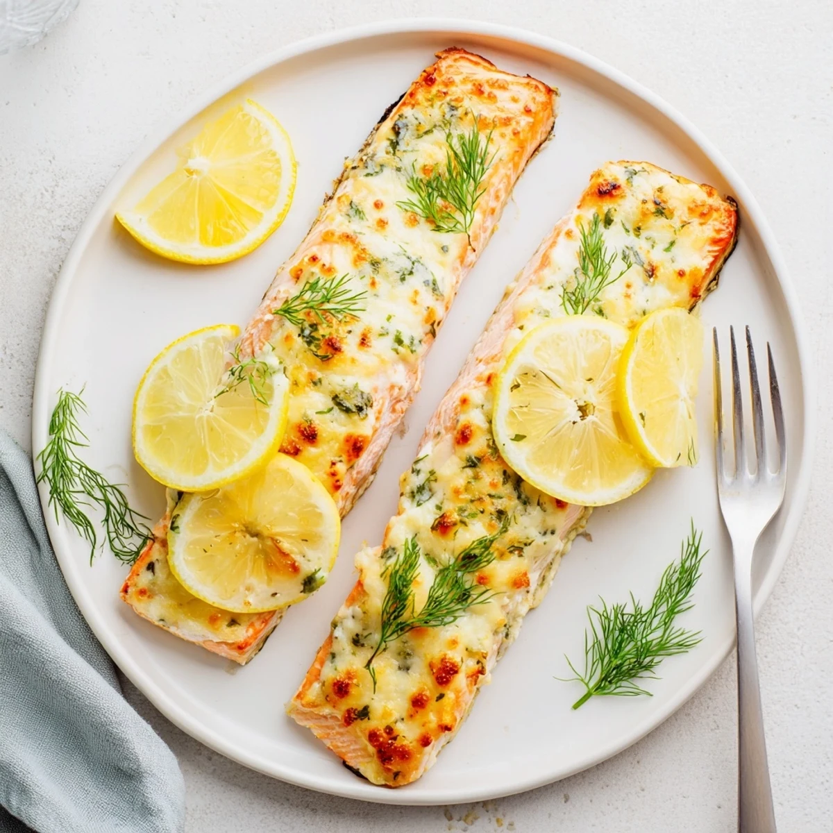 Succulent baked Boursin salmon with bubbling cheese topping, garnished with chopped chives and dill