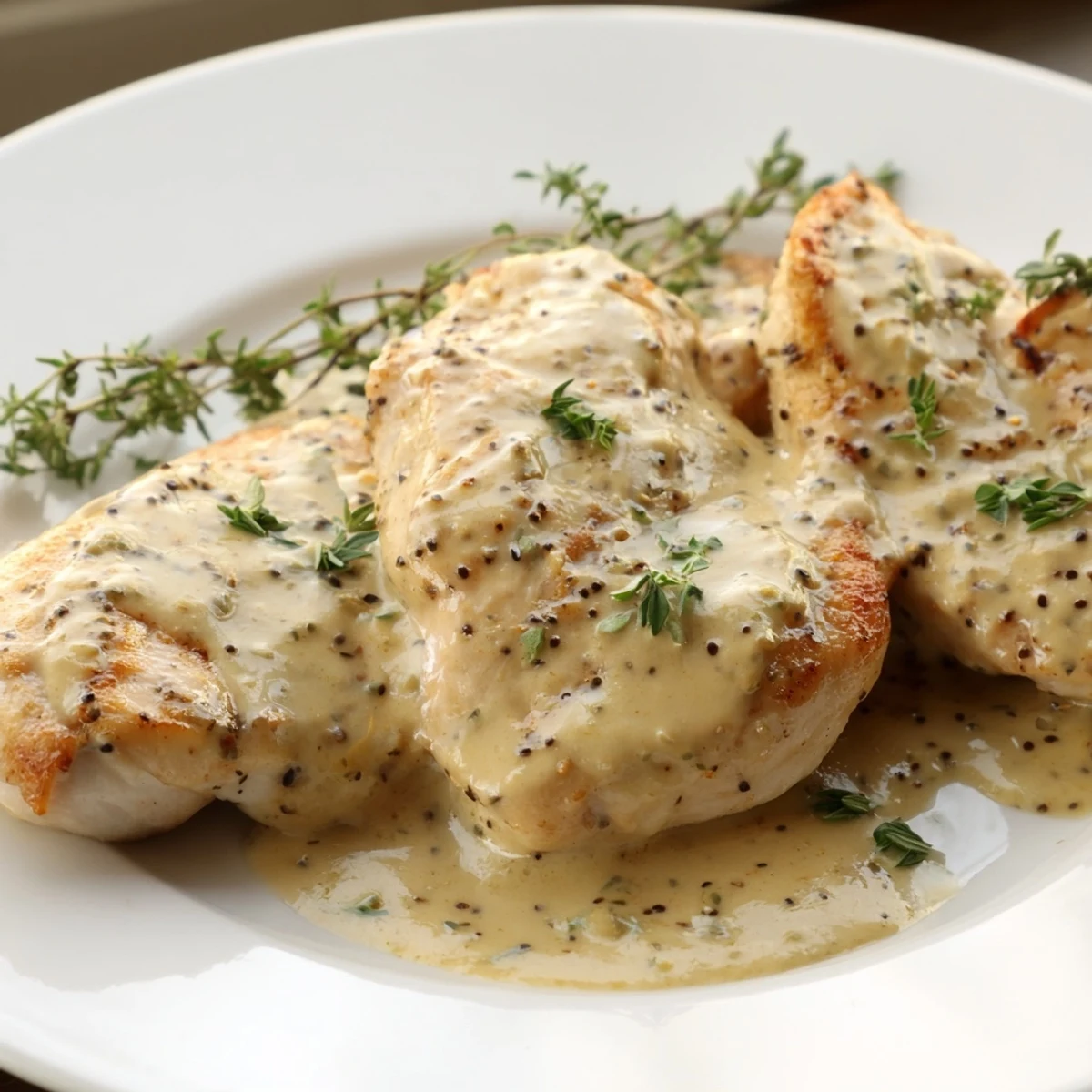 Tender French mustard chicken simmered in velvety white wine and cream sauce with herbs