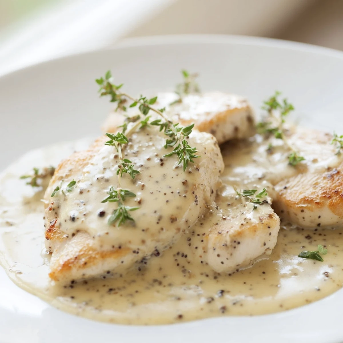Creamy French mustard chicken dish plated with luscious golden sauce and fresh green parsley garnish