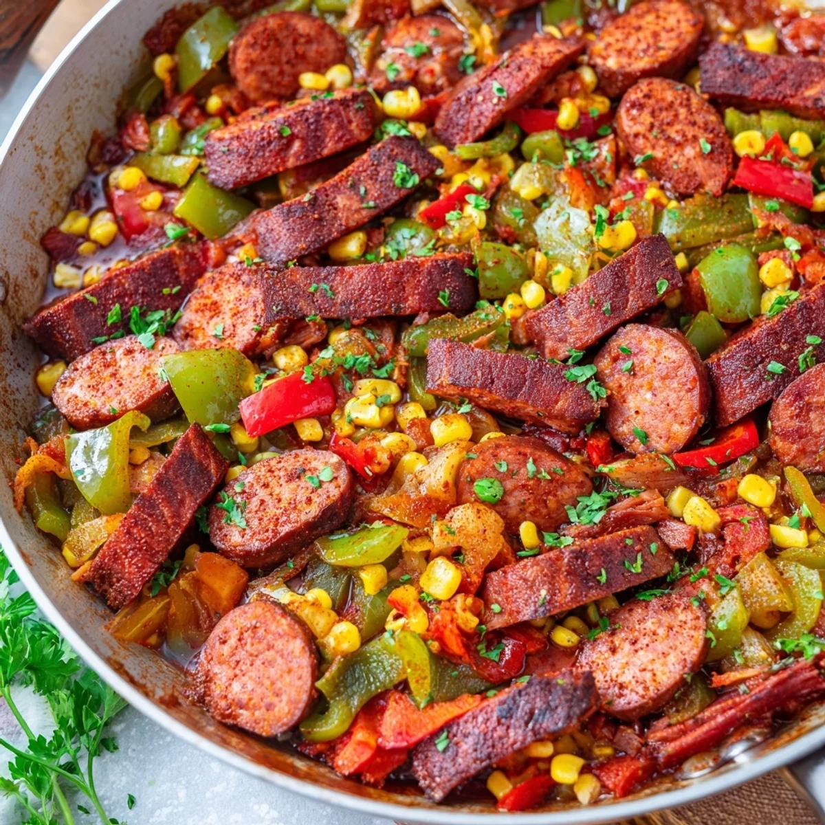 Sizzling Cajun corned beef and sausage skillet with colorful peppers and sweet corn garnished with parsley