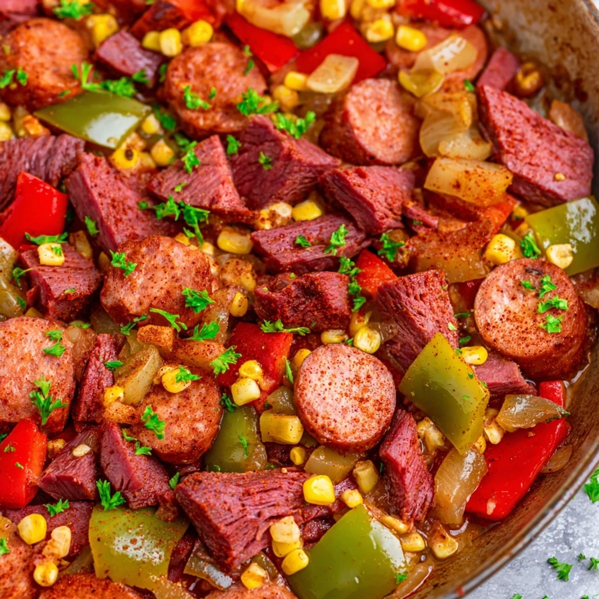 One-pan Cajun corned beef and sausage skillet featuring smoky andouille red green peppers