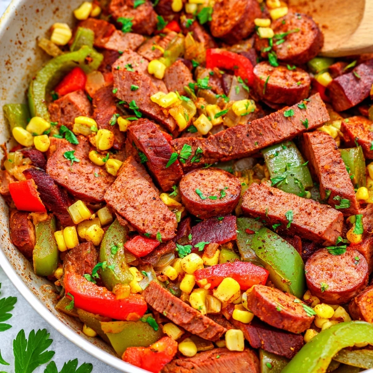 Steaming Cajun corned beef and sausage skillet served in a cast iron with lemon wedges