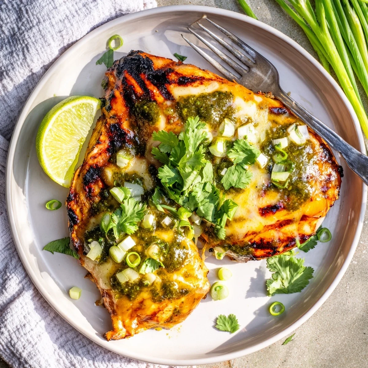 Golden grilled chicken breast topped with zesty salsa verde and melted pepper jack cheese