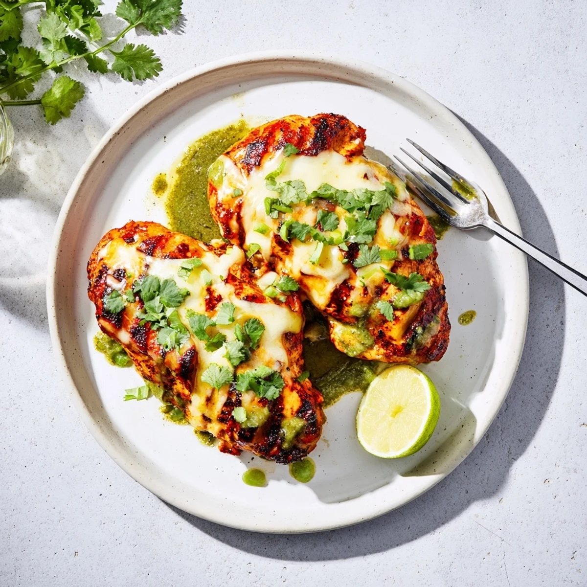 Spicy pepper jack cheese melting over juicy seasoned grilled chicken with vibrant green salsa verde