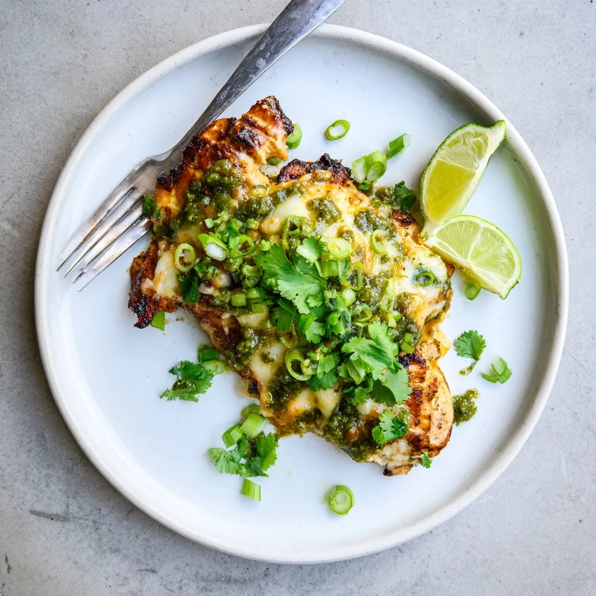 Tex-Mex style grilled chicken with bubbling pepper jack and fresh salsa verde garnished with cilantro